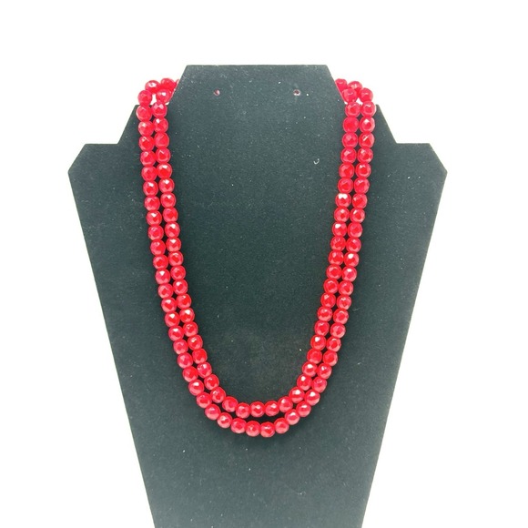 The Unbranded Brand Jewelry - Vintage Lipstick Red Glass Pale 8MM Faceted 22" Necklace Double Strand Ca 1950